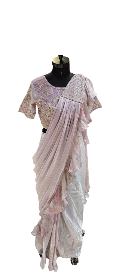 The Lavender Ruffle Fusion Saree With Designer Stitch Blouse