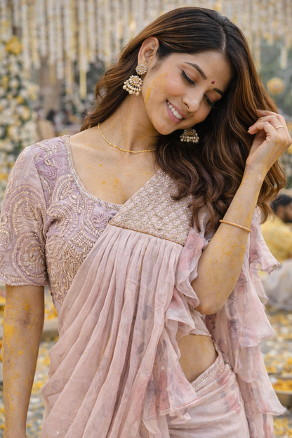 The Lavender Ruffle Fusion Saree With Designer Stitch Blouse
