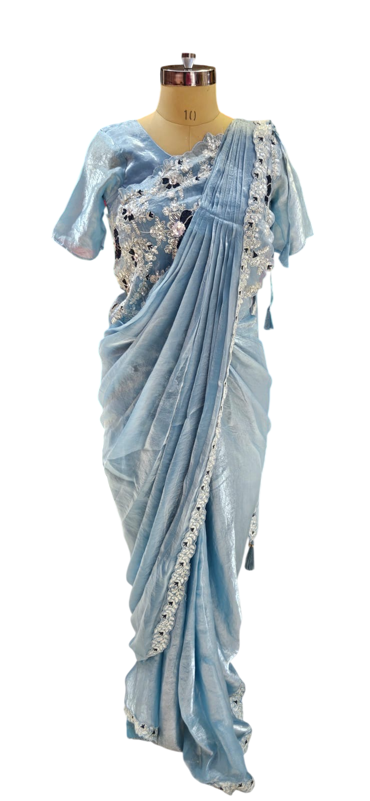 The Powder Blue Ethereal Saree With Designer Stitch Blouse