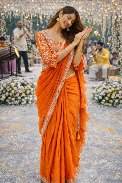 The Rust Paisley Fusion Saree With Designer Stitch Blouse