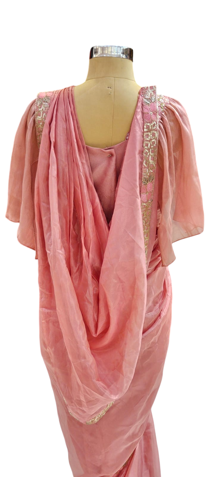 The Pink Blossom Ruffle Saree With Designer Stitch Blouse