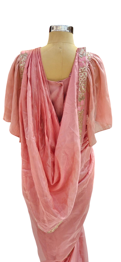 The Pink Blossom Ruffle Saree With Designer Stitch Blouse