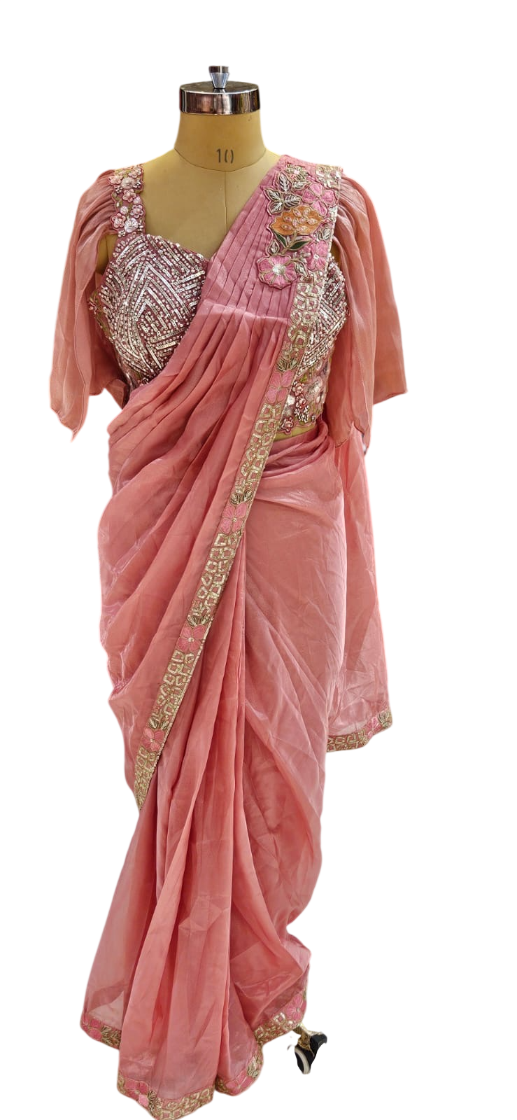The Pink Blossom Ruffle Saree With Designer Stitch Blouse