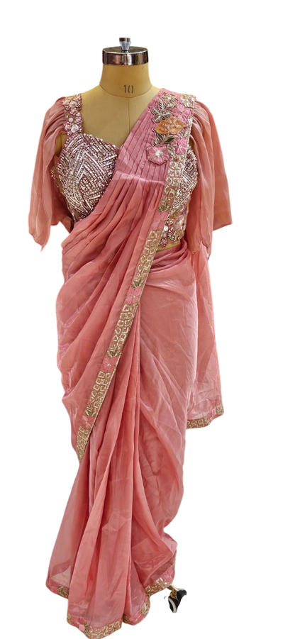The Pink Blossom Ruffle Saree With Designer Stitch Blouse