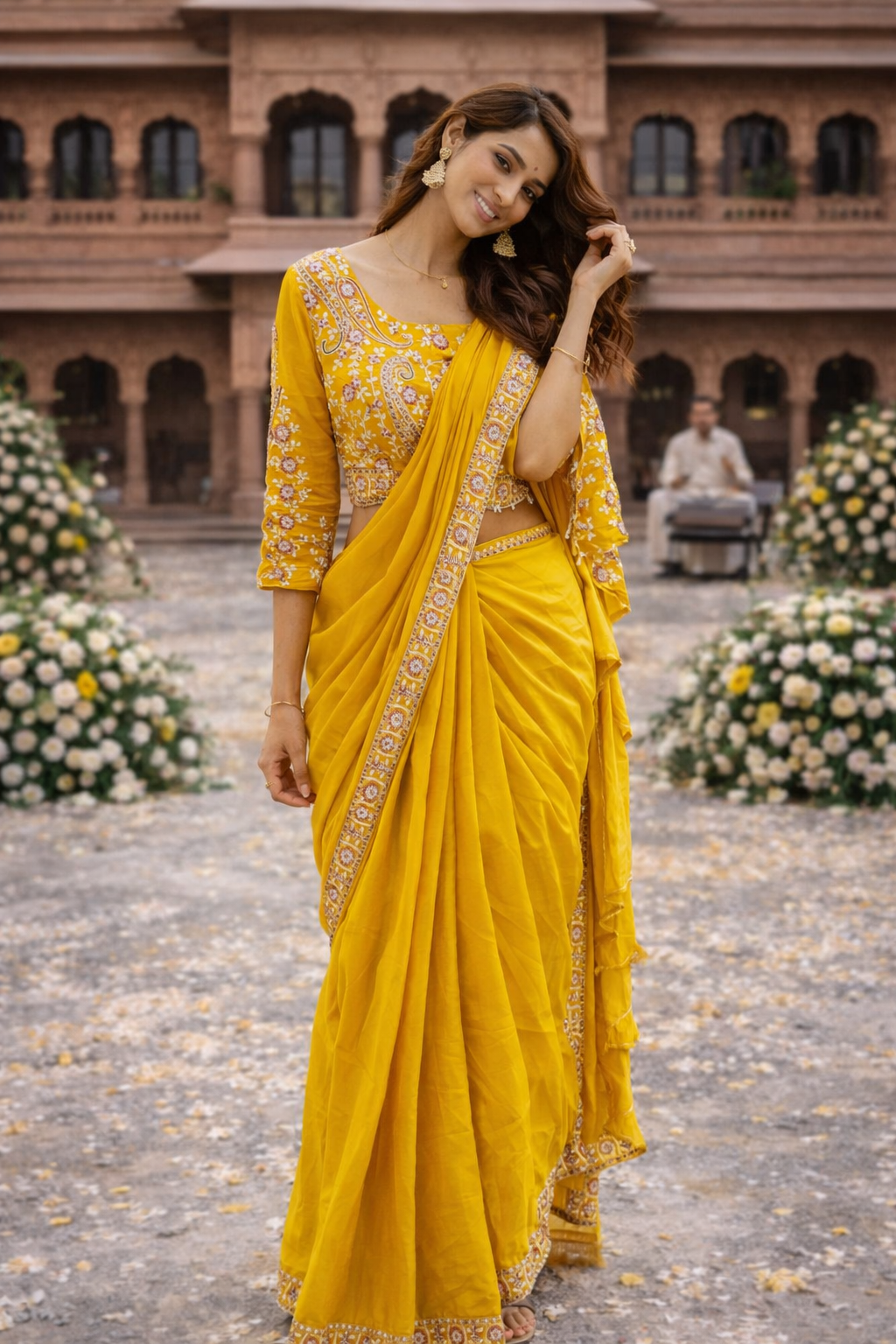 The Mustard Paisley Fusion Saree With Designer Stitch Blouse