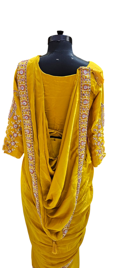 The Mustard Paisley Fusion Saree With Designer Stitch Blouse