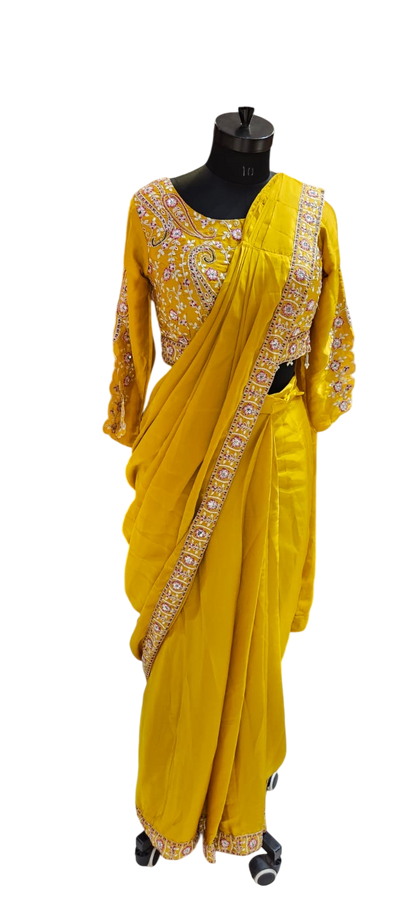 The Mustard Paisley Fusion Saree With Designer Stitch Blouse