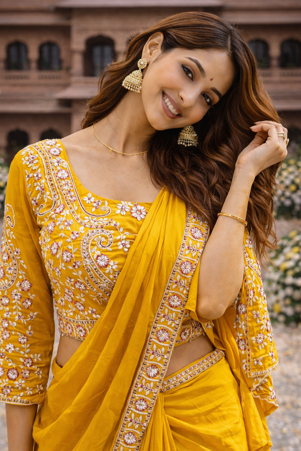 The Mustard Paisley Fusion Saree With Designer Stitch Blouse