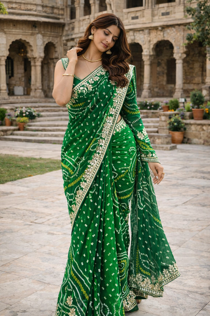 The Verdant Muse Bandhani/Bandhej Saree