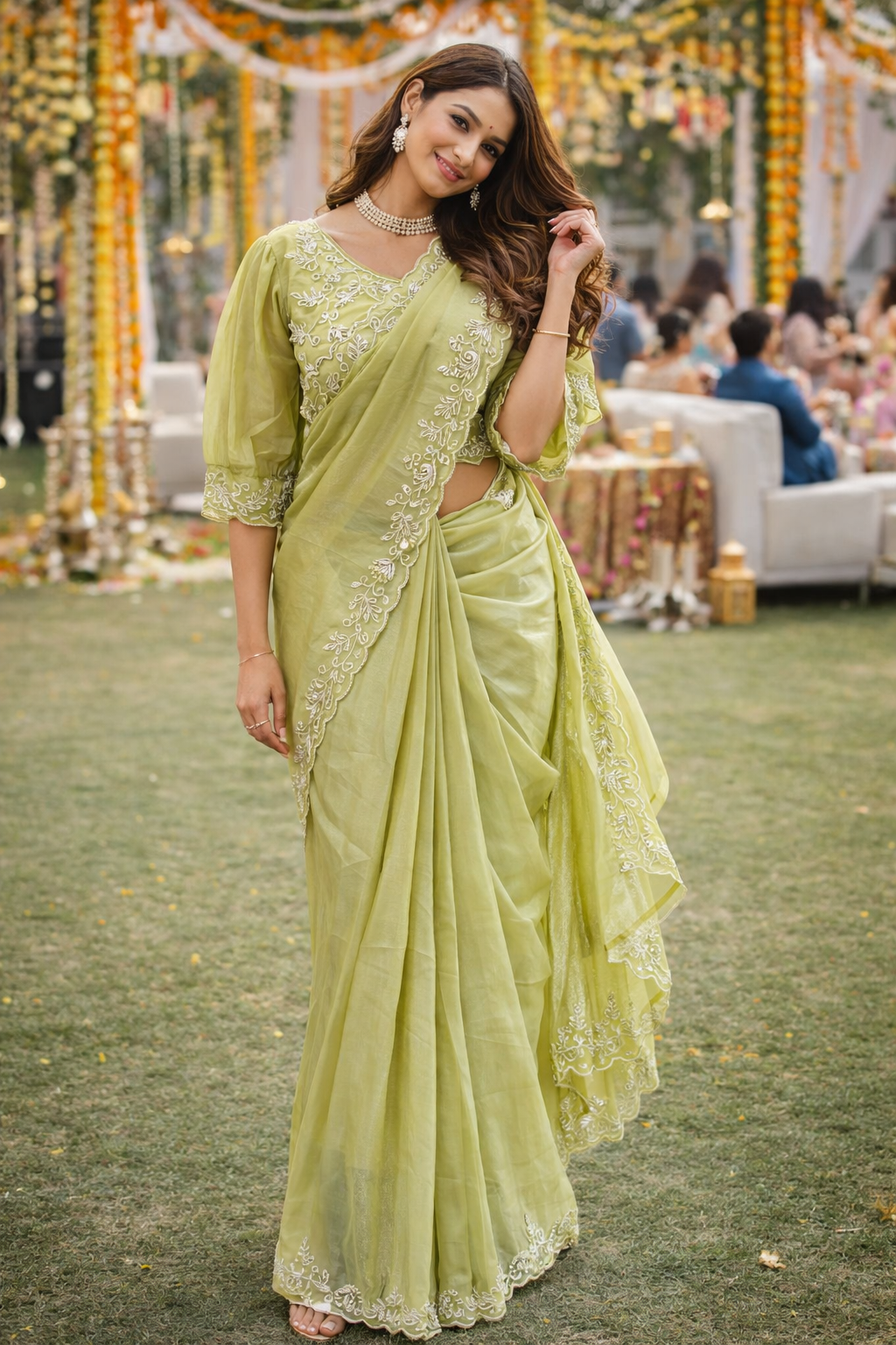 The Olive Vine  Saree With Designer Stitch Blouse