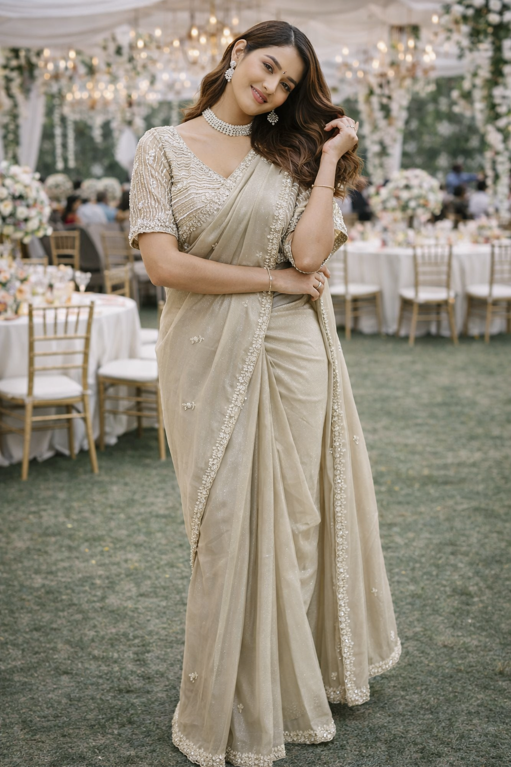 The Champagne Glitz Saree With Designer Stitch Blouse