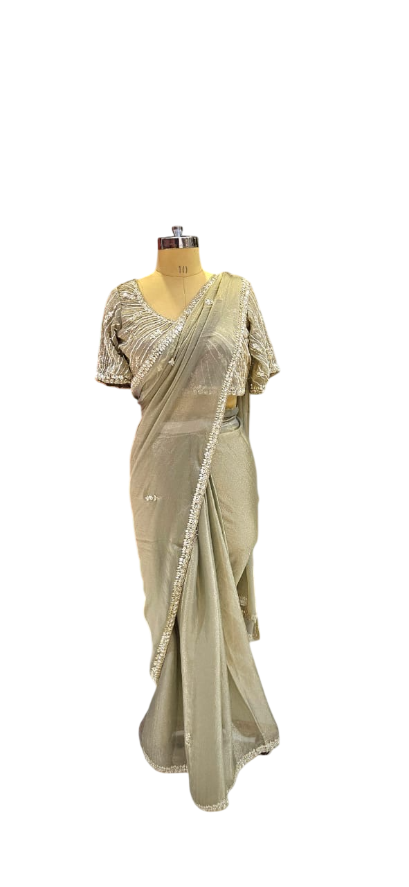 The Champagne Glitz Saree With Designer Stitch Blouse