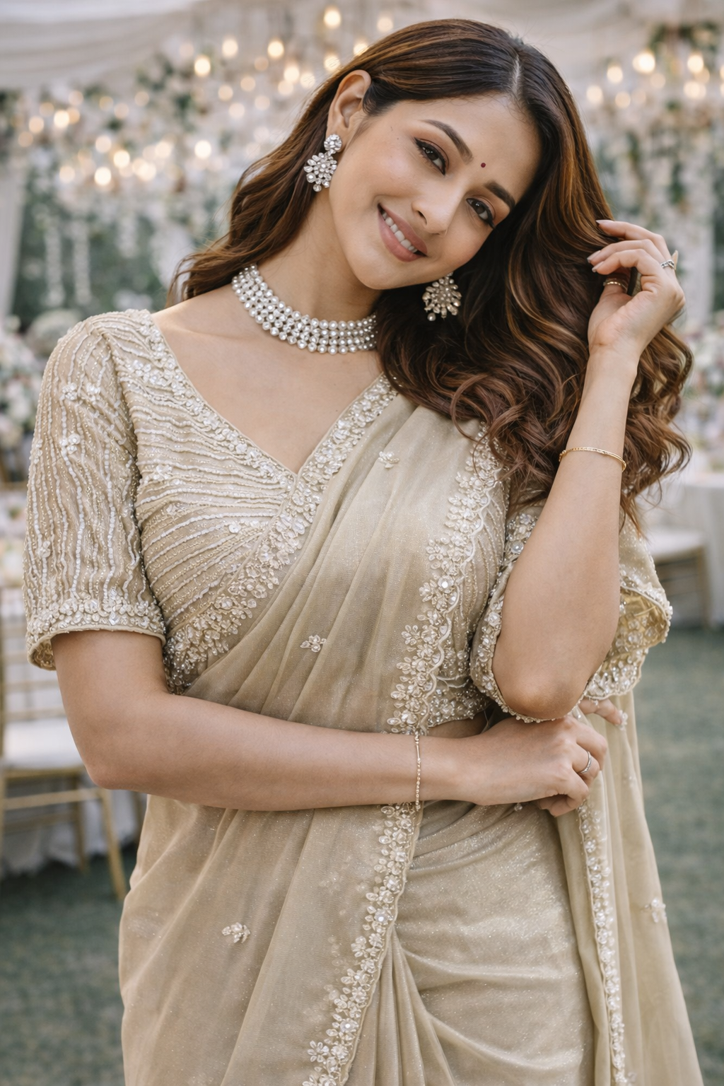 The Champagne Glitz Saree With Designer Stitch Blouse