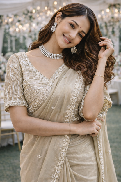 The Champagne Glitz Saree With Designer Stitch Blouse