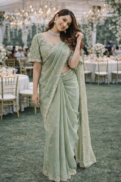 The Sage Shimmer Saree With Designer Stitch Blouse
