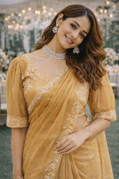 The Golden Gilded Saree With Designer Stitch Blouse