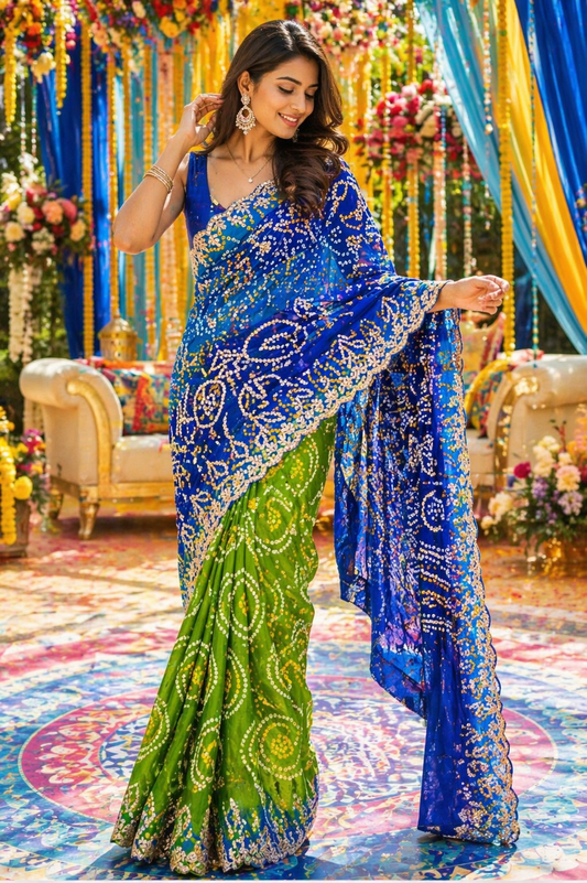 Royal Blue & Parrot Green Bandhani Designer Saree