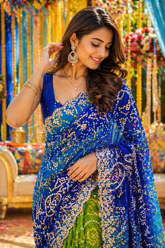 Royal Blue & Parrot Green Bandhani Designer Saree