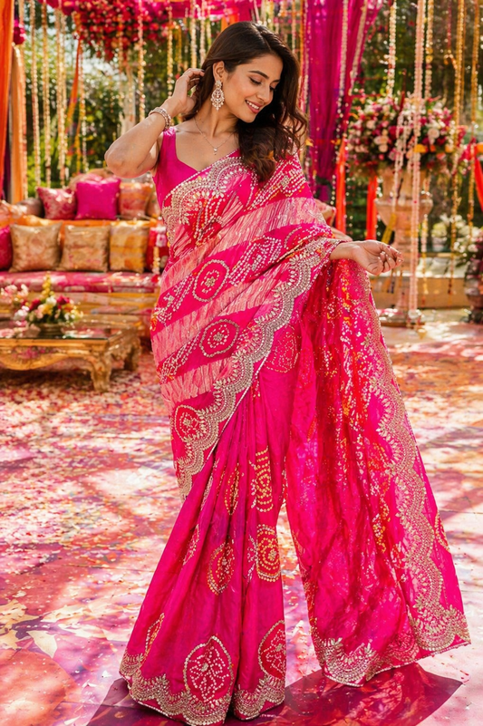 Hot Pink Ghatchola Zari Border Saree