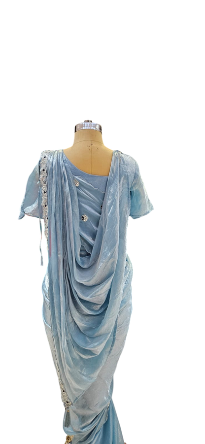The Powder Blue Ethereal Saree With Designer Stitch Blouse