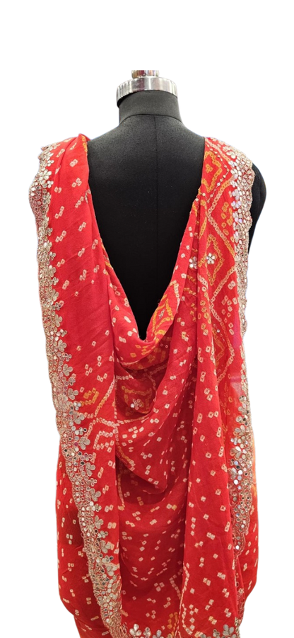 Sunset Red Bandhani  Mirrorwork Saree