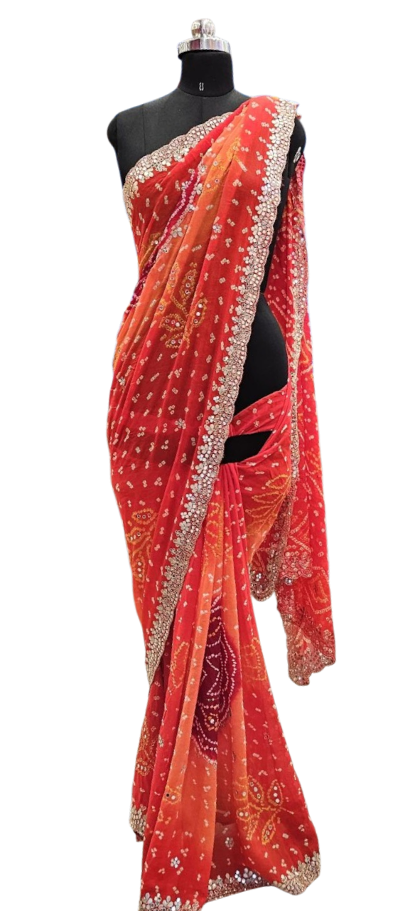 Sunset Red Bandhani  Mirrorwork Saree