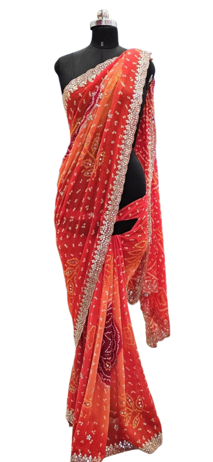 Sunset Red Bandhani  Mirrorwork Saree